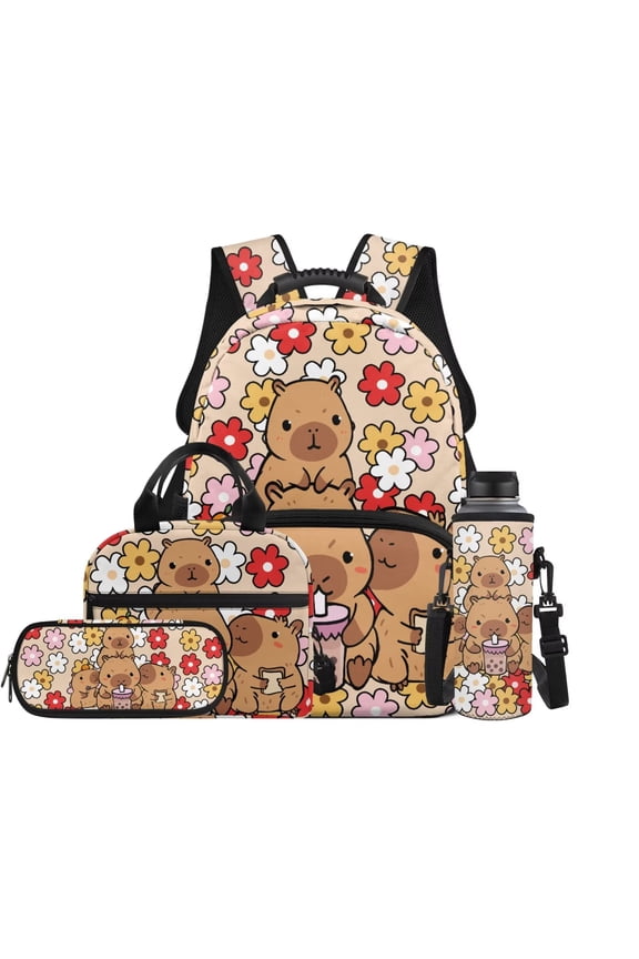 Flower Capybara 4 Piece School Backpack Set for Girls Kids 17 Inch Back Pack with Lunch Box Pencil Bag Bookbag for Teens Lightweight Water Bottle Holder for Middle School