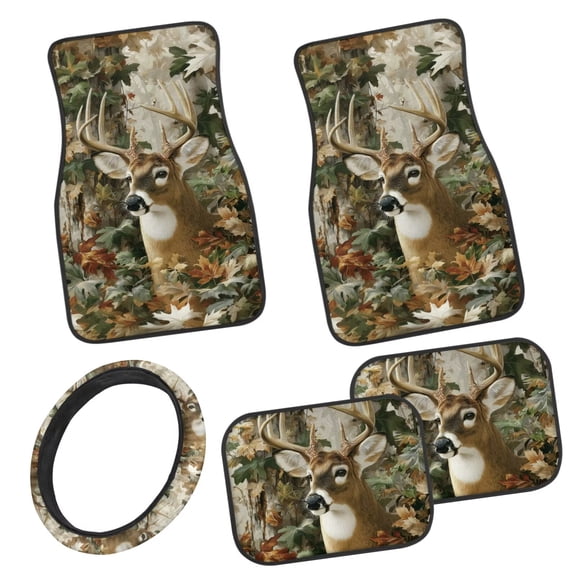 Pzuqiu Forest Deer Automotive Floor Mats with Car Steering Wheel Cover Driver Passenger and Rear Floor Mats for Additional Protection Easy to Install Universal Fit Interior 5-Piece Car Mats