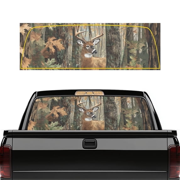 Pzuqiu Forest Deer Camo Print Perforated Vinyl Rear Window Pickup Sticker 66.9 x 22.4 Inches, Waterproof See-Through Truck Decal for Most Pickup Trucks