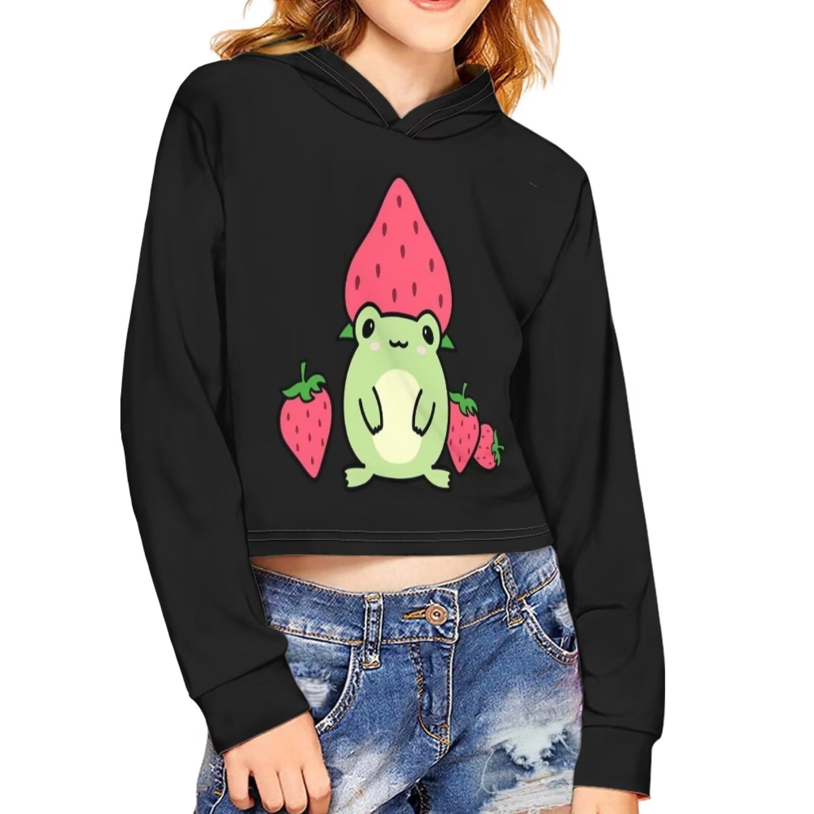 Pzuqiu Frog Strawberry Cute Crop Top Hoodies for Teen Girls