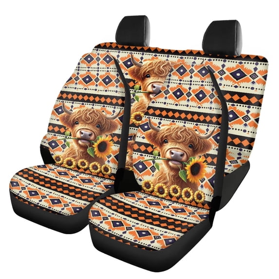 Pzuqiu Front and Rear Seat Cover Set Breathable, Compatible with Automotive Seats SUV Seats, Car Seat Covers Fit for Truck Cars Full Set, Highland Cow