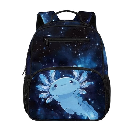 Pzuqiu Galaxy Axolotl Print 13.5 Inch Kids Backpack Water-resistant Breathable Lightweight Daypack for Preschool Kindergarten Boys Girls with Adjustable Straps Side Pockets