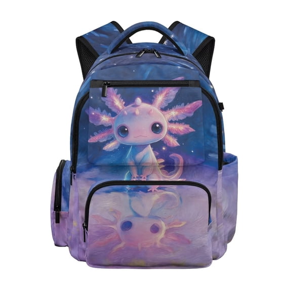 Pzuqiu Galaxy Axolotl Print Backpack for Teens Lightweight Breathable Students School Bookbag Large Capacity Laptop Daypack with Side Pockets Soft Travel Rucksack for 8-14 Years