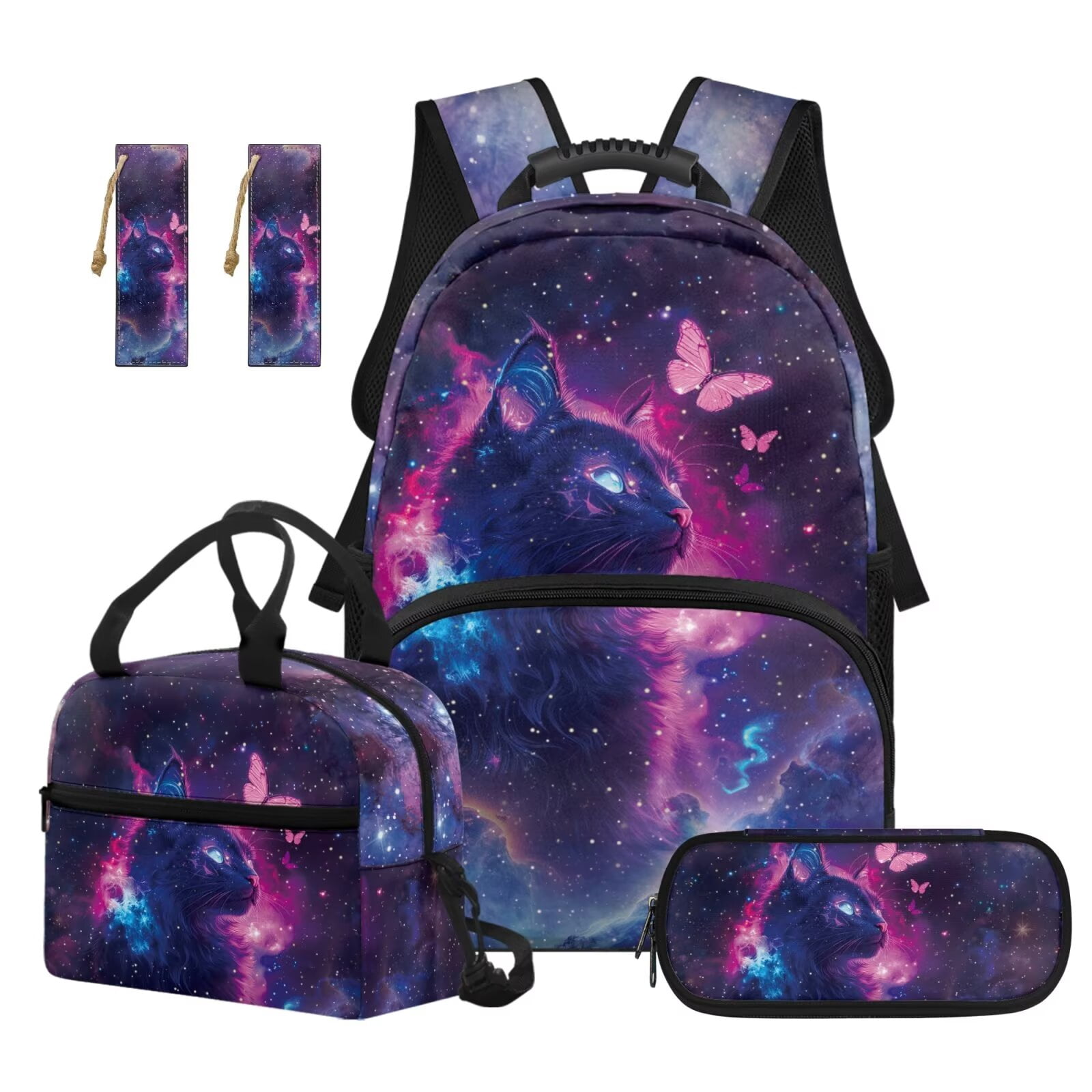 Pzuqiu Galaxy Cat Back Pack for School Girls Set of 4 17 Inch Kids Backpack Lunch Bag with Pencil Box 2pcs Bookmark, Travel Rucksack Camping School Bag for Teens Christmas Gifts