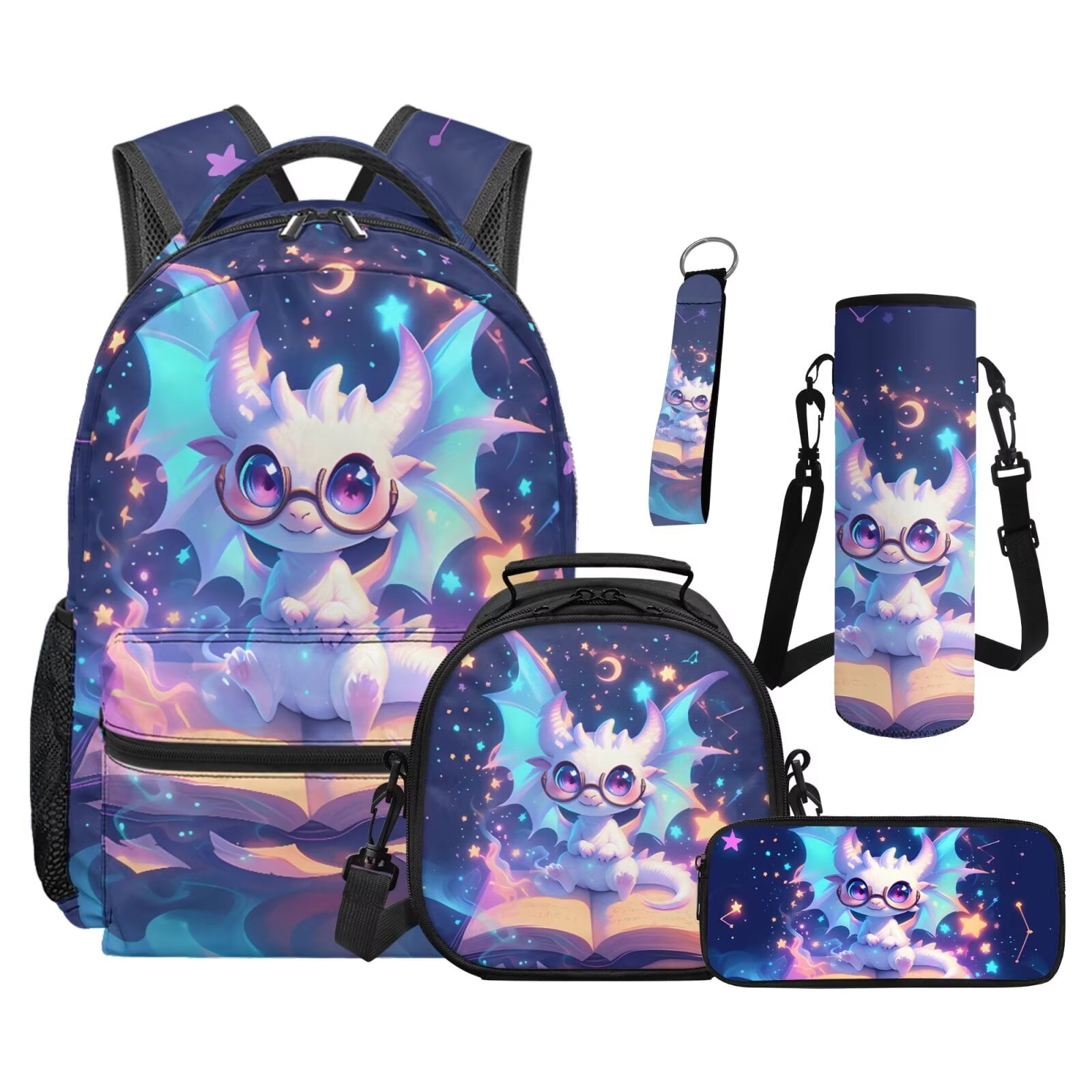 Pzuqiu Galaxy Cute Dragon Backpack for Girls 5 Piece School Bookbag with Lunch Bag Lightweight School Bag for Girls 10-12 Elementary Backpack with Water Bottle Bag Pencil Box