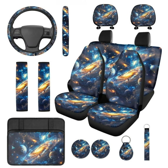 Pzuqiu Galaxy Planet 14 Pcs Interior Sets Front Rear Seat Covers for Cars Steering Wheel Seatbelt Cushion Arm Rest Pad Headrest Coasters Key Chain Automotive Seat Cover Accessories Full Set