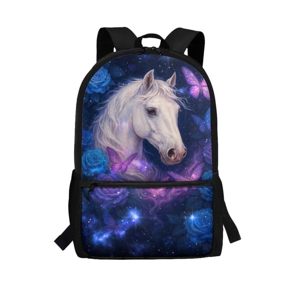 Pzuqiu Galaxy Rose Horse School Backpack for Teens Girls Stellar Galaxy Kids Travel Backpack Large Capacity Schoolbag 17 Inch Laptop Bag Book Bag Hiking Camping Shoulder Back Pack