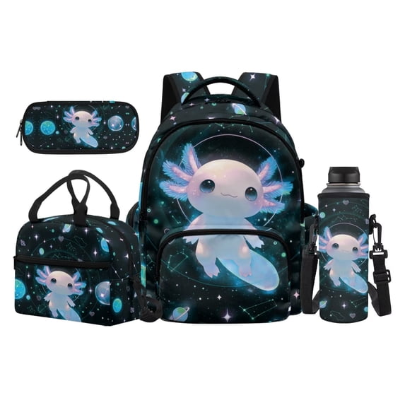 Pzuqiu Galaxy Space Axolotl Kids Backpack for School 4pcs 17 Inch Girls Backpack with Lunch Box Pencil Case Water Bottle Holder Kids Backpacks Lightweight Casual Daypack for Girls Middle School