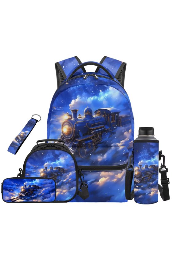 Galaxy Train 5 Pieces Backpack Set with Insulated Lunch Box Water Bottle Bag Pencil Case Keychain Lightweight School Bags Set Bookbags for Kids Back to School