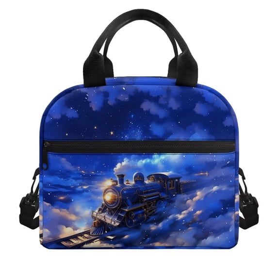 Pzuqiu Galaxy Train Print Reusable Lunch Tote for Kids Boys, Large Capacity Thermal Insulated Lunch Bag Leakproof Sturdy Food Carrier with Adjustable Shoulder Strap