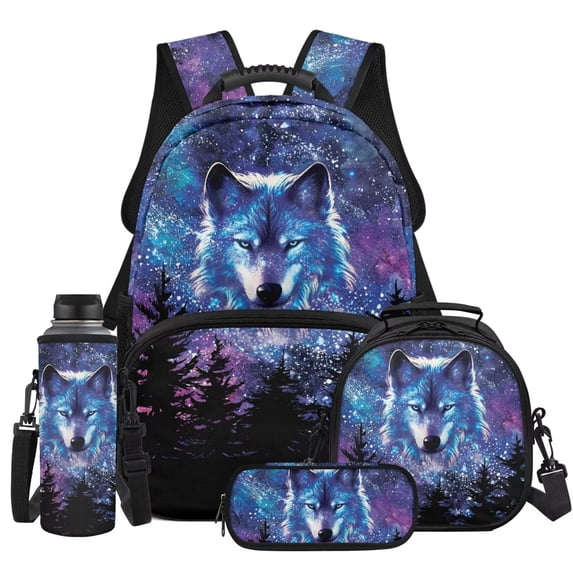 Pzuqiu Galaxy Wolf 17 Inch Kids Backpack Set 4PCS Heavy Duty Durable School Backpack with Insulated Lunch Bag Pencil Case Water Bottle Holder Lightweight Schoolbag for Daily Use