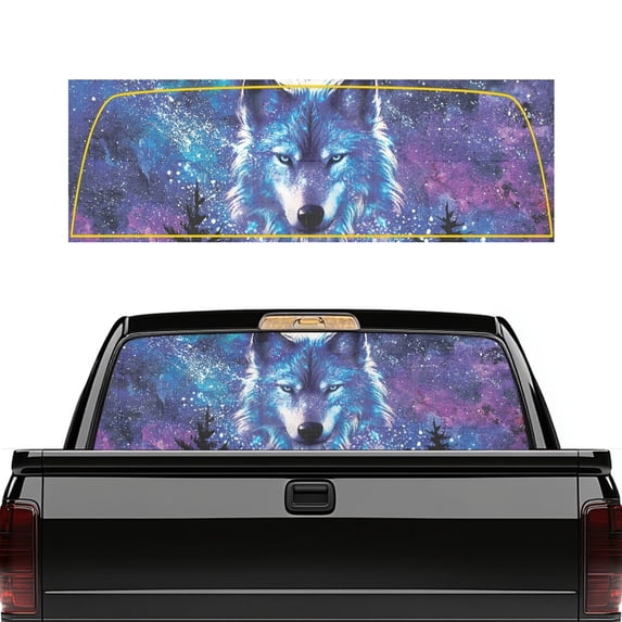 Pzuqiu Galaxy Wolf Forest Print Rear Window Decals for Trucks 66.9" x 22.4", Vinyl Truck Rear Window Graphics Fit Most Pickup Trucks for Decoration