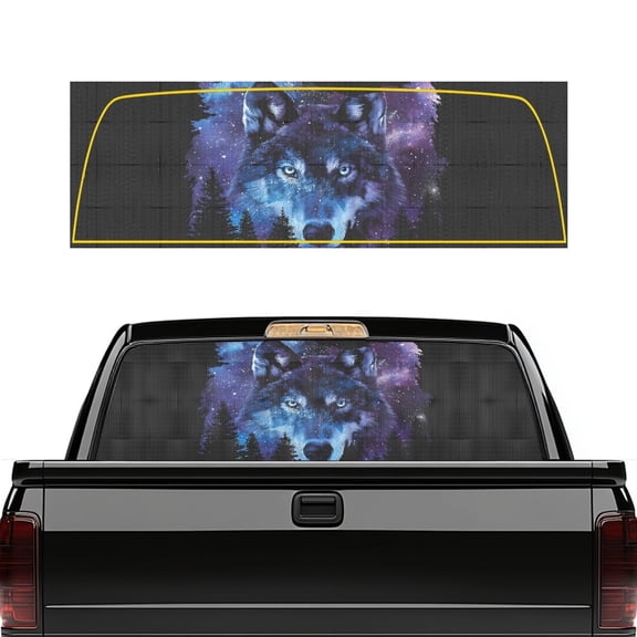 Pzuqiu Galaxy Wolf Forest Print Truck Rear Window Decal 66.9 x 22.4 Inches, Perforated Vinyl Decal for Decoration, Fits Most Pickup Trucks and Automobiles