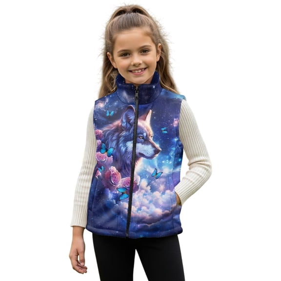 Pzuqiu Galaxy Wolf Girl Outerwear Vest Size 5-6 Lightweight Zipper Winter Sleeveless Jacket with Pockets Fleece Soft Warm Sleeveless Jacket for Spring Fall Outfits for Girls