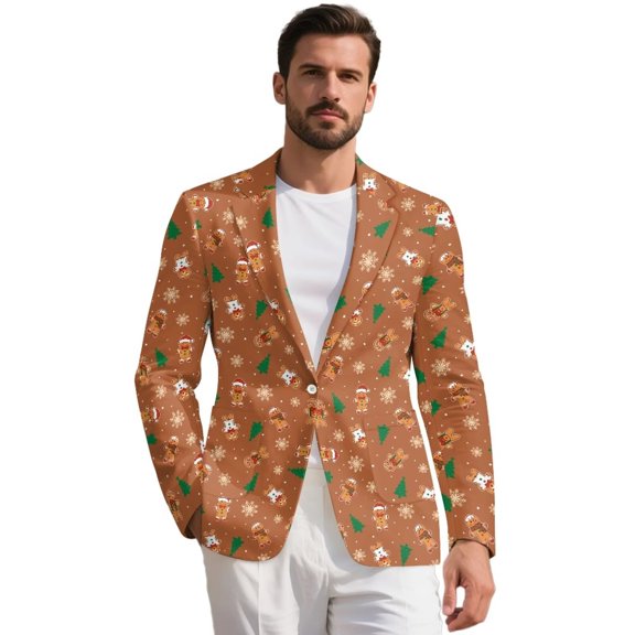 Pzuqiu Gingerbread Man Mens Blazer Jacket Print Sport Coat for Party Lightweight,Notched Lapel,for Both Formal and Casual,Printed,Comfy,Big and Tall,with 2 Pockets,Lined Sport Coat