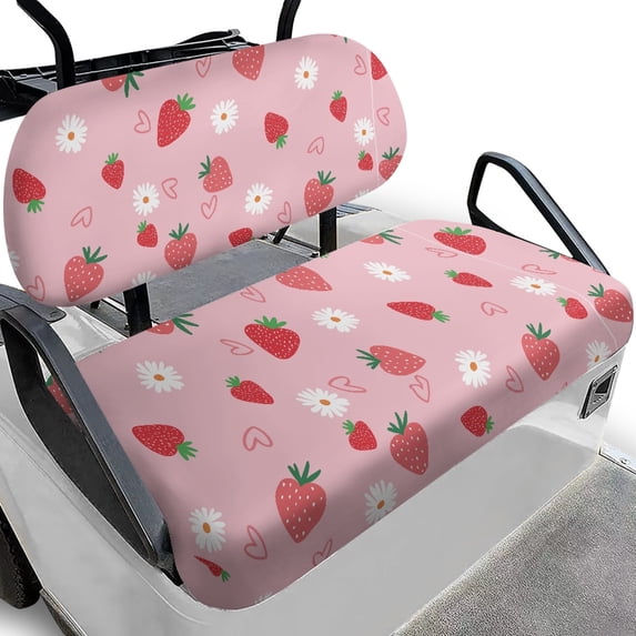Pzuqiu Girly Strawberry Daisy Golf Cart Seat Cover Set - 2-Piece Stretchable Protector | Breathable, Washable, All-Weather Fit for EZGO, Club Car & Yamaha