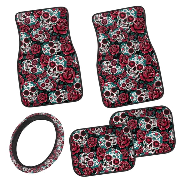 Pzuqiu Gothic Car Floor Mats Vehicle Steering Wheel Cover Red Roses Skull Print Easy Installation All Weather Car Mats Set Dust Proof Car Interior Accessories for SUVs, Vans,Sedan 5 Pieces