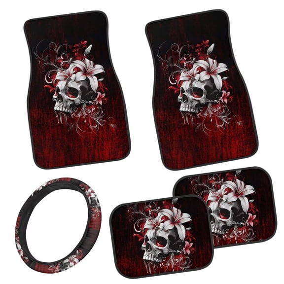 Pzuqiu Gothic Skeleton Car Floor Mats with Car Steering Wheel Cover 5 Piece Full Set Front & Rear Floor Mats with Anti-Slip Pad All Weather Removable Automotive Accessories for Cars