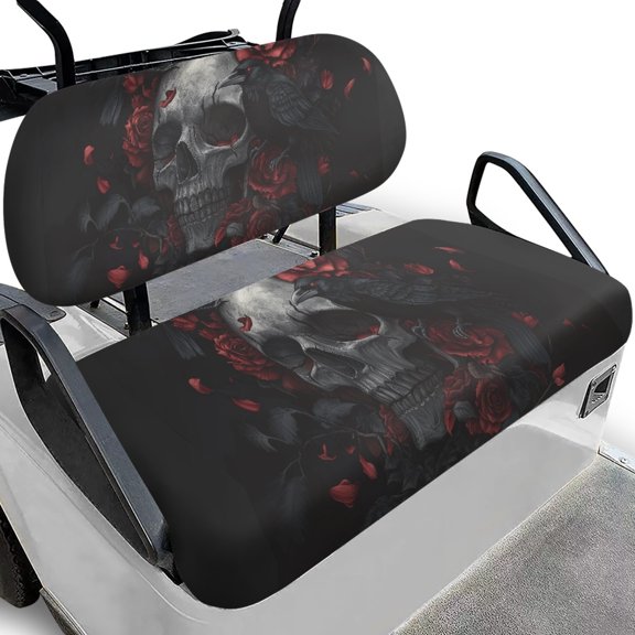 Pzuqiu Gothic Skull Crow Rose 2-Piece Golf Cart Seat Covers Set - Breathable Washable Universal Fit for Most 2-Seater Golf Carts