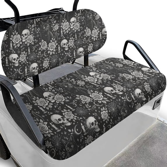 Pzuqiu Gothic Skull Rose Cat 2-Piece Golf Cart Seat Covers - Breathable Washable Protective Set for Most 2-Seater Golf Carts