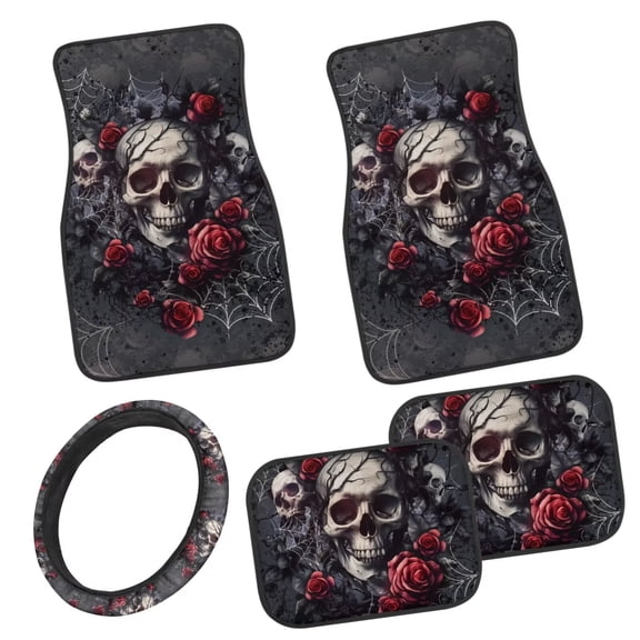 Pzuqiu Gothic Skull Roses Automotive Floor Mats with Car Steering Wheel Cover Driver Passenger and Rear Floor Mats for Additional Protection Easy to Install Universal Fit Interior 5-Pieces Car Mats