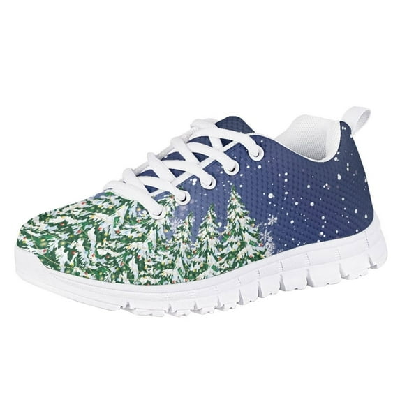 Pzuqiu Grade School Running Shoes for Kids,Size 1 Winter Christmas Xmas Tree with Snowflake Mesh Sport Air Cushion Lightweight Sneakers for Girls