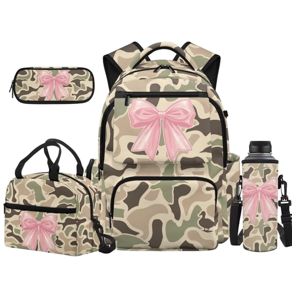 Pzuqiu Green Camo Pink Bow School Backpack for Girls with Lunch Box 12-14 Girls High School Bookbag Set of 4 with Lunch Tote Bag Pencil Case Water Bottle Holder Kids Schoolbags 5th Grade/6th Grade