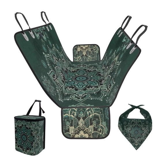 Pzuqiu Green Mandala Dog Car Seat Cover Hard Bottom Pet Hammock Scratchproof and Nonslip Backseat Covers for Cars with Pet Bandana and Garbage Bag Pack of 3