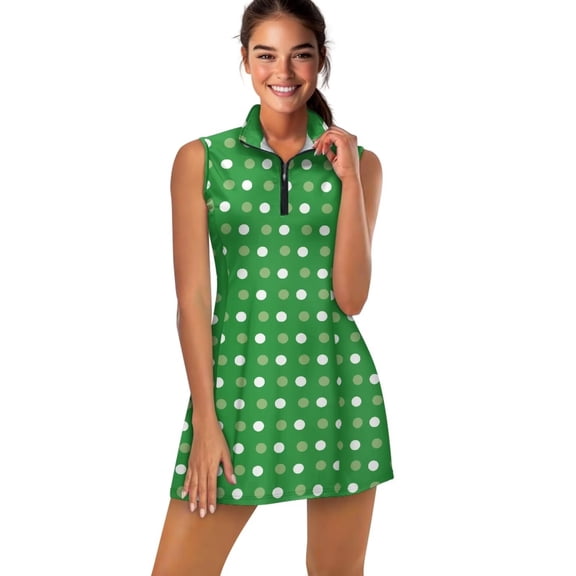 Pzuqiu Green Polka Dots Golf Clothes for Women Size XS Stretchy Workout Dresses with Built in Shorts Versatile Running Outdoor Tops Lightweight Athletic Outfits Activewear