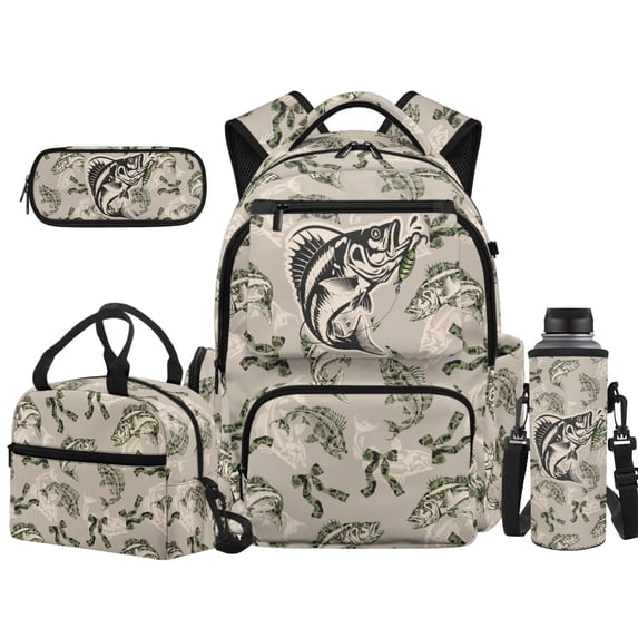 Pzuqiu Grey Camo Bass Fish Bow Backpack with Lunch Bag for Kids 8-10 Years Old Cute Bookbag for Boys 1st Grade/2nd Grade Middle School Book Bag Girls Lunch Box Pencil Case Water Bottle Bag, Set of 4