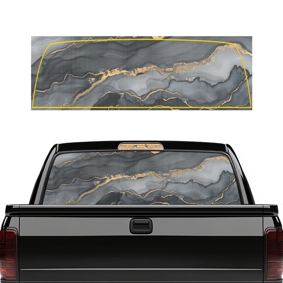 Pzuqiu Grey Gold Marble Pattern Perforated Vinyl Rear Window Decal 66.9 x 22.4 Inches, Waterproof See-Through Sticker for Most Pickup Trucks, Car Owners
