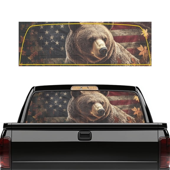 Pzuqiu Grizzly Bear American Flag Perforated Vinyl Rear Window Decal 66.9" x 22.4", Corrosion Resistant Sticker for Most Trucks, Cars and Windshield Sunshade