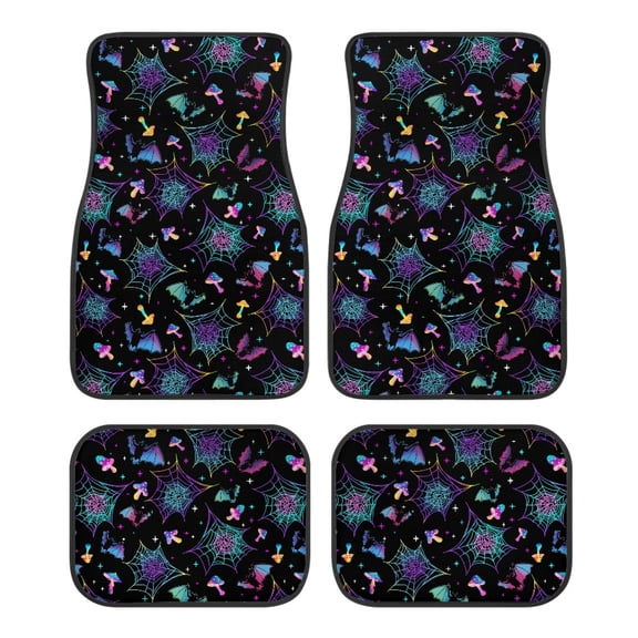 Pzuqiu Halloween 4-Piece Car Floor Mats featuring Neon Spiderweb Design - All-Weather Non-Slip Vehicle Floor Protection