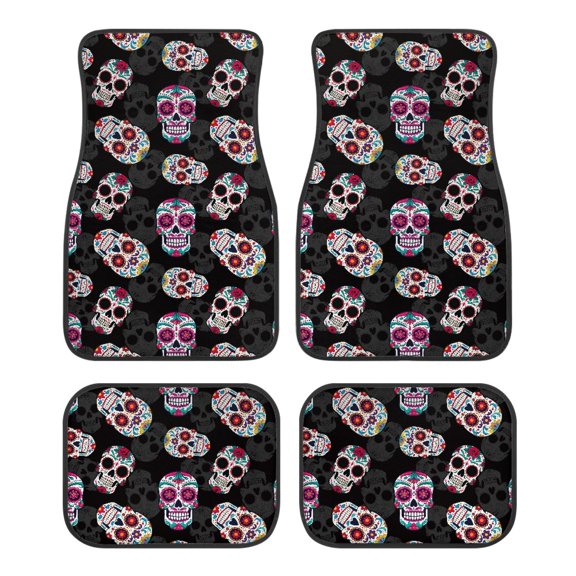 Pzuqiu Halloween 4-Piece Car Floor Mats featuring Sugar Skull Pattern - Perfect All-Weather Vehicle Interior Protection
