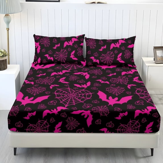 Pzuqiu Halloween Bat 3Pcs Bed Sheet Set with 2 Pillowcases,Soft Microfiber,3 Piece Sheet Set, Soft and Breathable Microfiber, Small Single Size Includes 1 Fitted Sheet & 2 Pillowcases Easy Care
