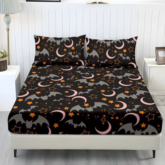 Pzuqiu Halloween Bat Bed Sheets All-Around Elastic Deep Pocket Bedding Set,Home Fitted Bottom Sheet, Comfy Breathable, Bedding Fitted Sheet Deep Pocket, for Halloween Twin XL Size