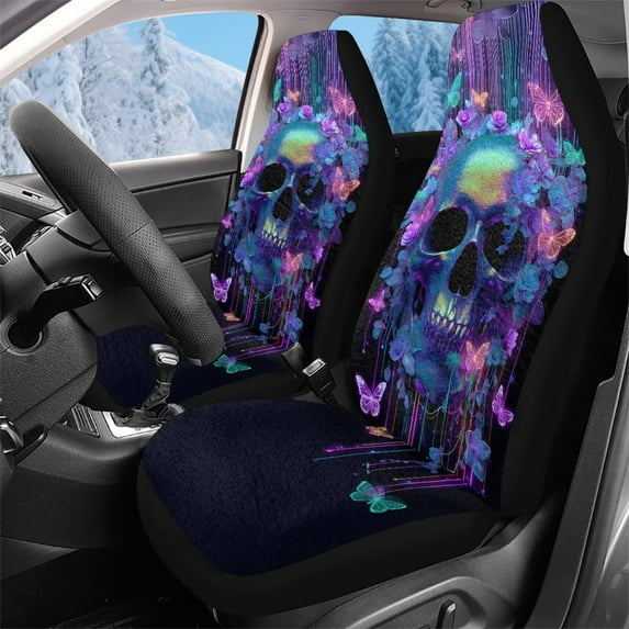 Pzuqiu Halloween Butterfly Skull Car Front Seat Cover Easy to Install Anti-Slip Car Seats Covers Front Seats Only Warm Soft Elastic Fabrics Auto Seat Covers Interior Accessories Fit for Cars SUV