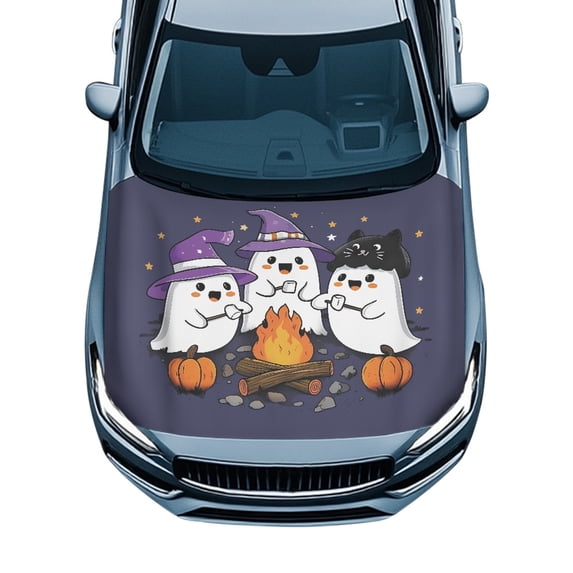 Pzuqiu Halloween Car Hood Cover Protector Featuring Campfire Ghosts - Universal Fit for All Vehicle Types and Outdoor Use