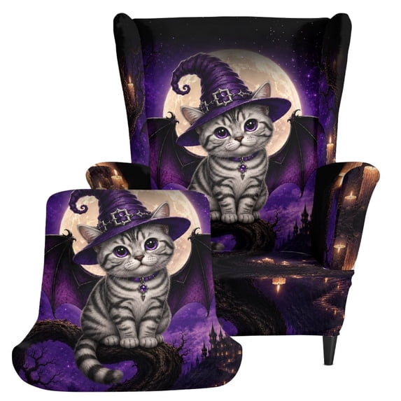 Pzuqiu Halloween Cat Wingback Chair Slipcover Non-Slip Furniture Protector Halloween Wing Chair Cover,Soft Fabric,Water Resistant,Non Slip Bottom,Breathable,Machine Washable,for Living Room Decor