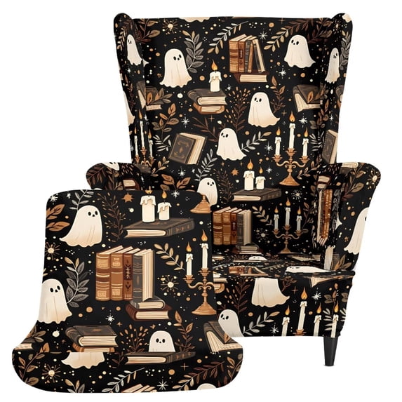 Pzuqiu Halloween Ghost Wingback Chair Slipcovers 2PCS Stretchy Waterproof Halloween Wing Chair Covers,Spandex Slipcovers,Wingback Sofa Cover,Non-Slip,Furniture Protector for Bedroom Wingback Chairs