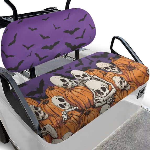Pzuqiu Halloween Skeleton Pumpkin 2-Piece Golf Cart Seat Covers - Breathable Washable Universal Fit Spooky Holiday Golf Cart Accessories