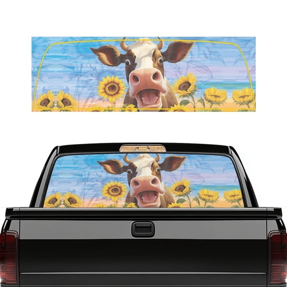 Pzuqiu Happy Cow Sunflower Print Perforated Vinyl Rear Window Decal 66.9 x 22.4 Inch, Waterproof See-Through Sticker for Most Pickup Trucks and Cars