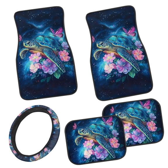 Pzuqiu Hawaii Turtle Car Floor Mats and Steering Wheel Cover 5 Piece Full Set Front & Rear Floor Mats with Anti-Slip Pad Easy to Install Removable Automotive Accessories for SUV, Vans,Sedan,Truck