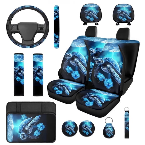 Pzuqiu Hawaiian Sea Turtle Automobile Interior Sets Car Seat Covers Full Set Steering Wheel Seat Belt Coasters Head Rest Covers Arm Rest Cushion Pad Keychain 14 Pieces Set Gift for Women Easy Install