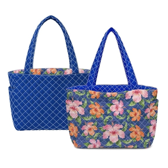 Pzuqiu Hibiscus Floral Women's Quilted Tote Bag, Reversible Lightweight Blue Puffer Shoulder Hobo Handbag for Work, Travel, Shopping, College, Laptop Carry Everyday Use