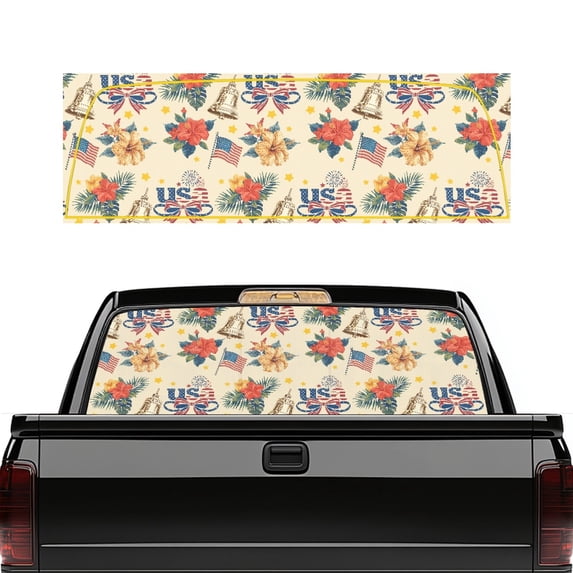 Pzuqiu Hibiscus USA Flag Print Vinyl Rear Window Decal, 66.9 x 22.4 Inch Easy to Install UV Protection Truck Rear Window Decal for Most Pickups