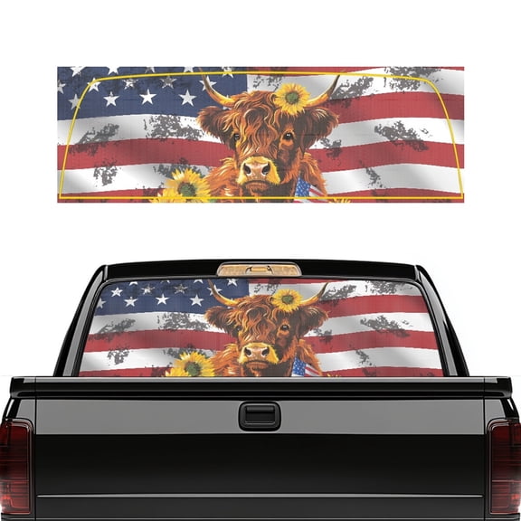 Pzuqiu Highland Cattle American flag Car Window Sticker for Most Pickups, Vinyl Weatherproof Truck Rear Window Decal with Perforated