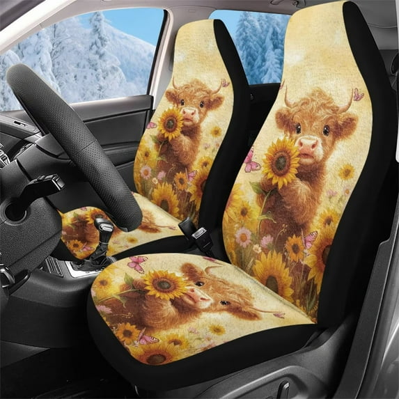 Pzuqiu Highland Cow Car Seat Cover Easy to Install Anti-Slip Car Seats Covers Front Seats Only Warm Soft Auto Seat Protector Interior Accessories Universal Fit Cars Sedan SUV