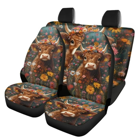 Pzuqiu Highland Cow Cute Full Set Universal Seat Covers Comfortable 4 Pack Car Seat Protector Vehicle Cushion Protectors Interior Accessories Universal Fit for Most Automotive Cars Trucks