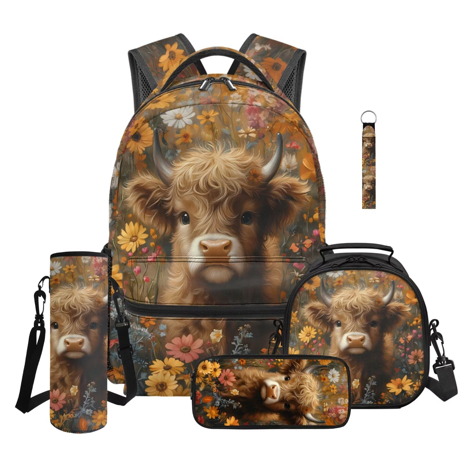 Pzuqiu Highland Cow Floral Backpack for Girls 5 Piece School Bookbag with Lunch Bag Lightweight School Bag for Girls 10-12 Elementary Backpack with Water Bottle Bag Pencil Box
